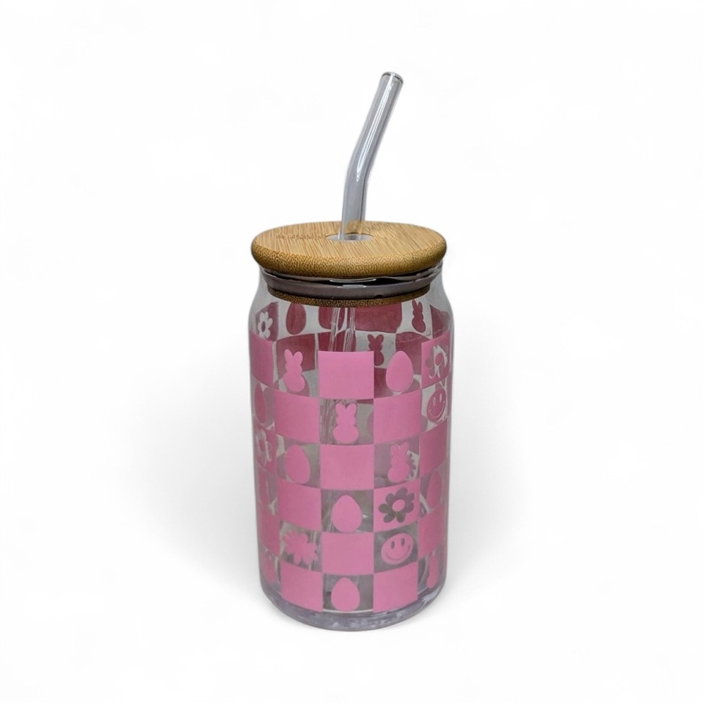 BOUTIQUE Pink Checkered Spring Theme Glass Tumbler w/ Wood Lid & Glass Straw